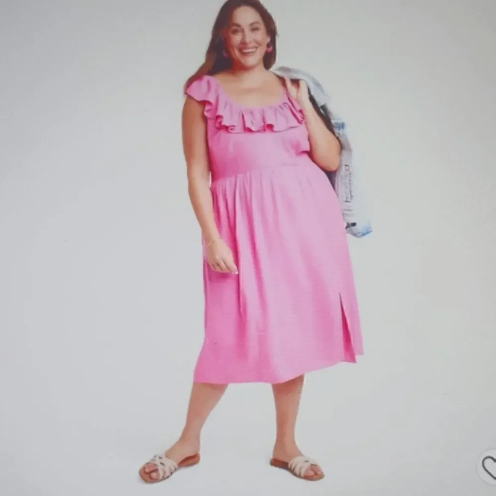 New Ava & Viv Ruffle Sleeveless A Line Dress Midi Women's Pink 2X New With Tags